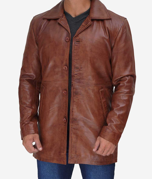 Men's Cognac Real Leather Car Coat image 0