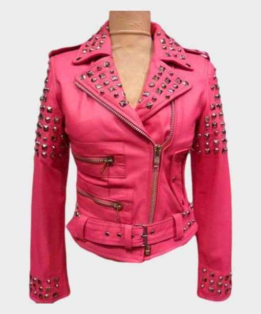 Womens Pink Biker Golden Studded Jacket image 0