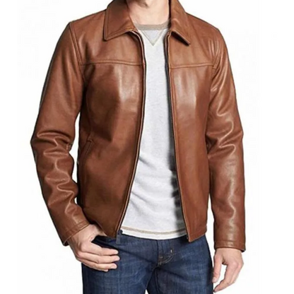 Mens Casual Shirt Collar Brown Leather Jacket image 0