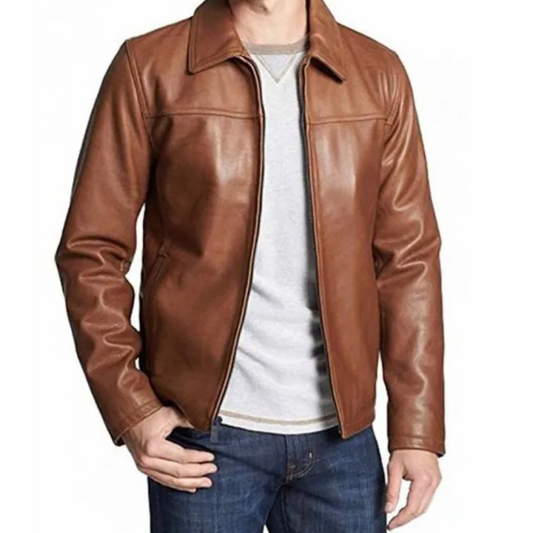 Mens Casual Shirt Collar Brown Leather Jacket image 0