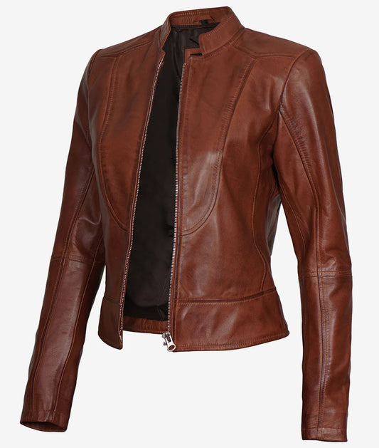 Women's Cognac Slim Fit Leather Biker Jacket image 0