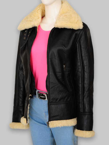 B3 Women's Fur Shearling Black Leather Jacket image 3