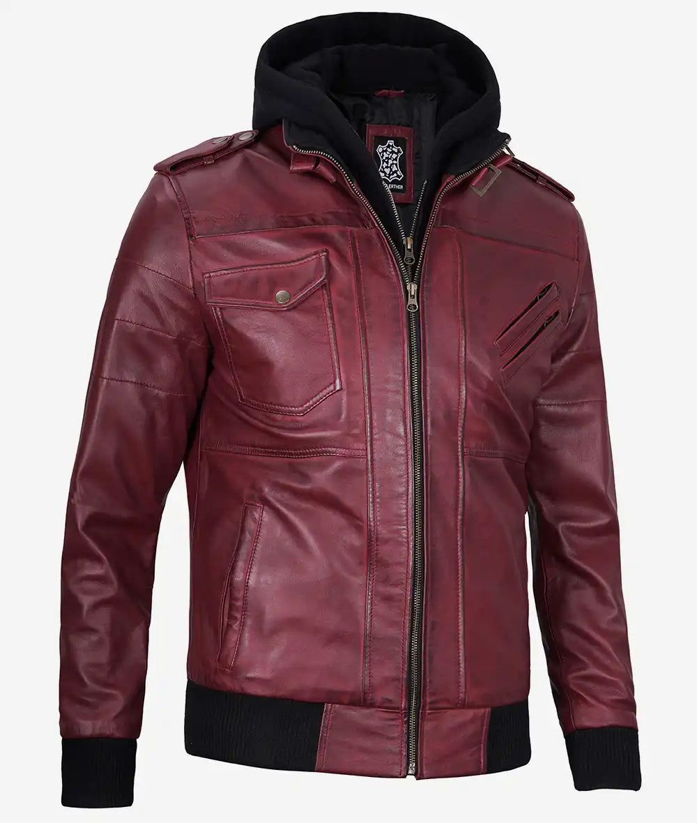 Men's Maroon Leather Jacket with Removable Hood image 1