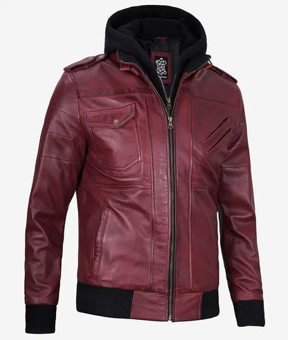 Men's Maroon Leather Jacket with Removable Hood image 1