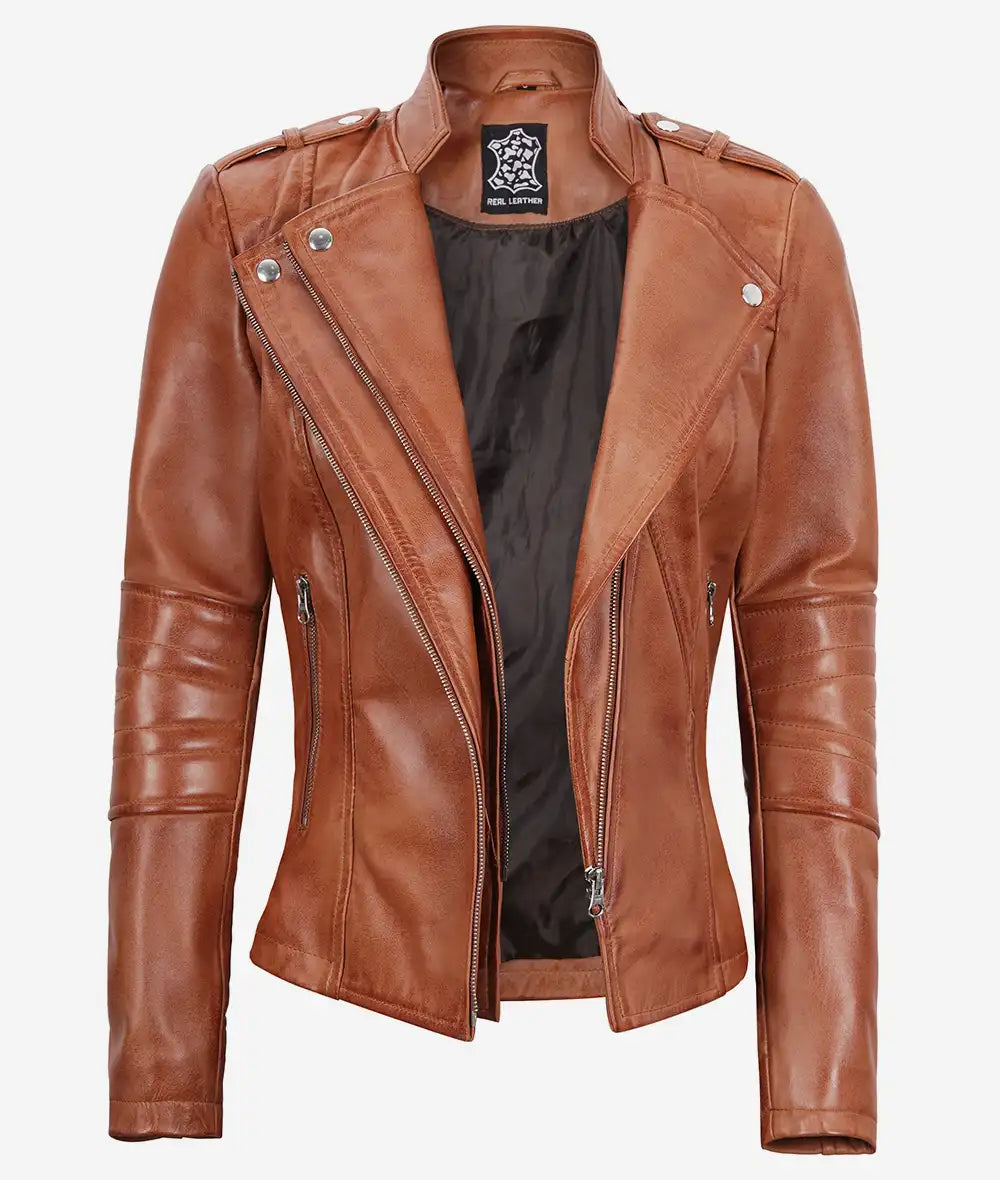 Women's Asymmetrical Tan Moto Leather Jacket image 1