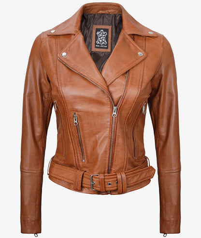 Women's Brown Asymmetrical Belted Leather Jacket image 0