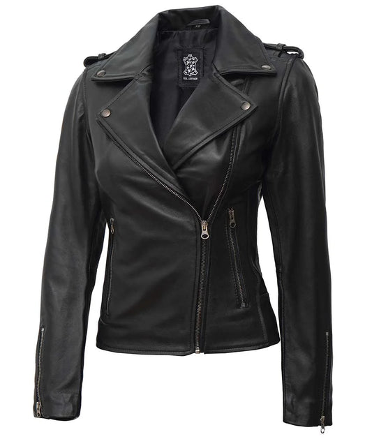Women's Asymmetrical Black Biker Style Leather Jacket image 0