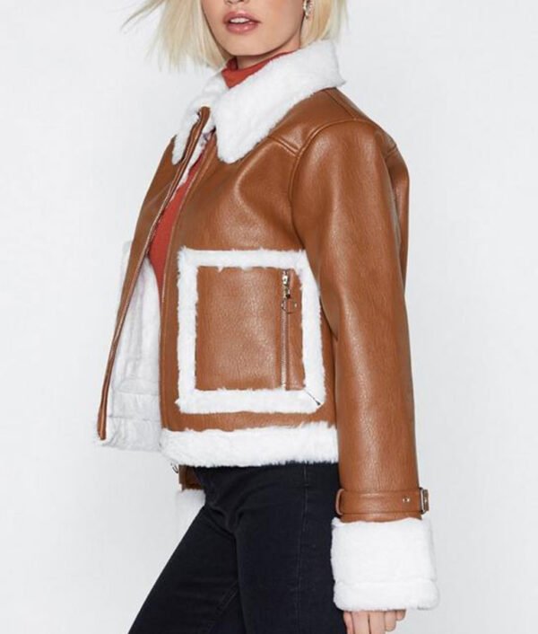 Brown Cropped Womens Aviator Leather Jacket image 1