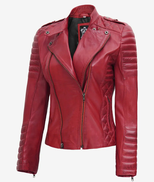 Women's Asymmetrical Padded Red Leather Biker Jacket image 0