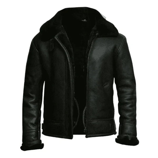 Men's Aviator Faux Shearling Black Bomber Leather Jacket image 0
