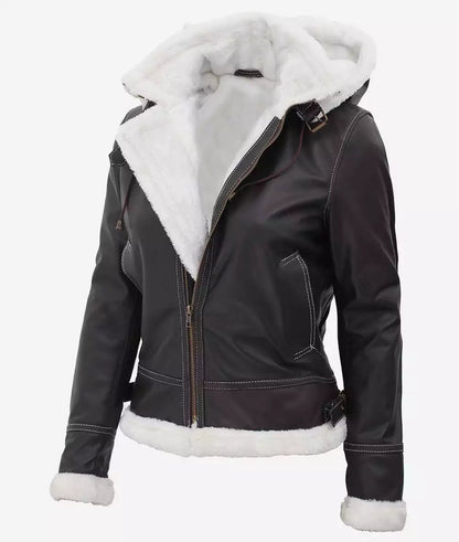 Women's B3 Brown Mary Hooded Shearling Bomber Jacket image 1