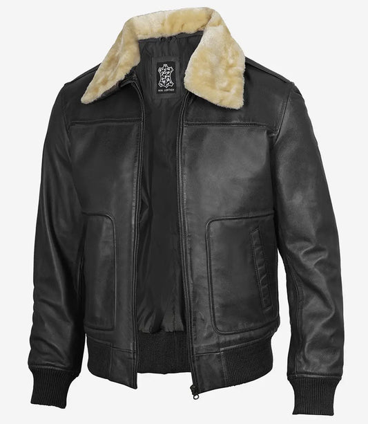 Men's Fur Collar Black Leather Bomber Jacket image 0