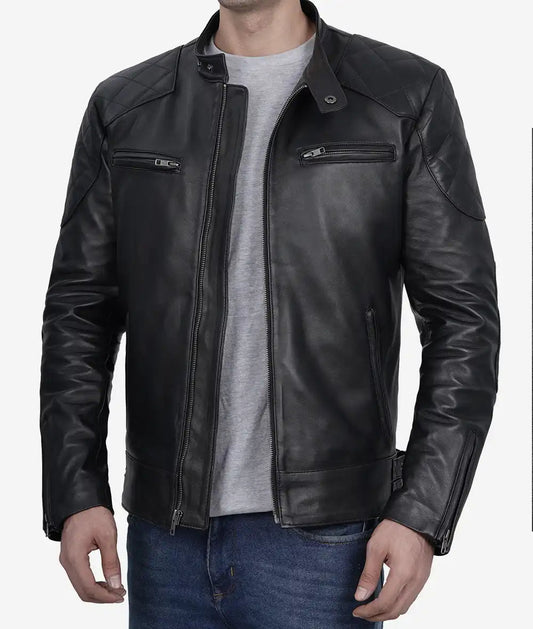 Men's Black Cafe Racer Leather Jacket image 0