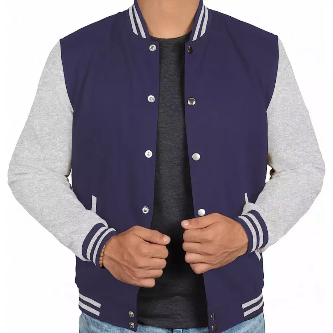 Men's Navy Blue Varsity Jacket with Grey Sleeves - Baseball Style Jacket image 1