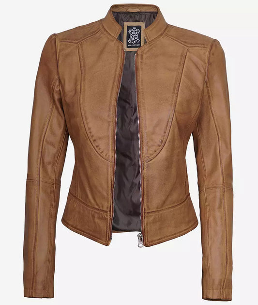 Amy Womens Slim Fit Camel Brown Leather Jacket image 0