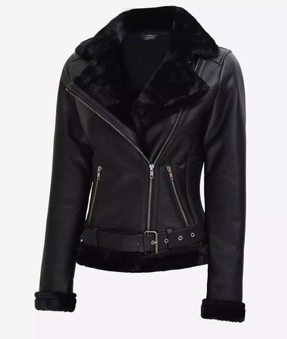 Women's Black Shearling Moto Leather Jacket image 0