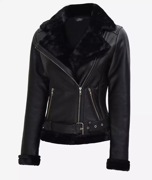 Women's Black Shearling Moto Leather Jacket image 0