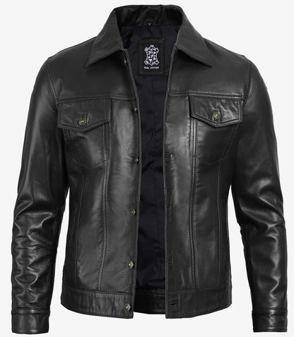 Men's Four Pocket Black Trucker Leather Jacket image 1