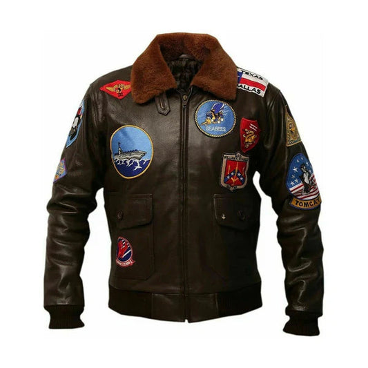 Men's Top Gun G1 Faux Shearling Maverick Brown Bomber Jacket image 0