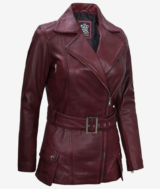 Women's Maroon Asymmetrical Moto Leather Belted Jacket image 0