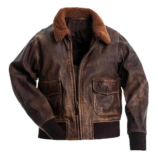 Men's G-1 Distressed Faux Shearling Brown Bomber Jacket image 0