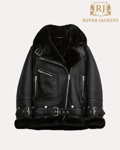 Black Women's Shearling Leather Jacket - B3 RAF Aviator Style image 0