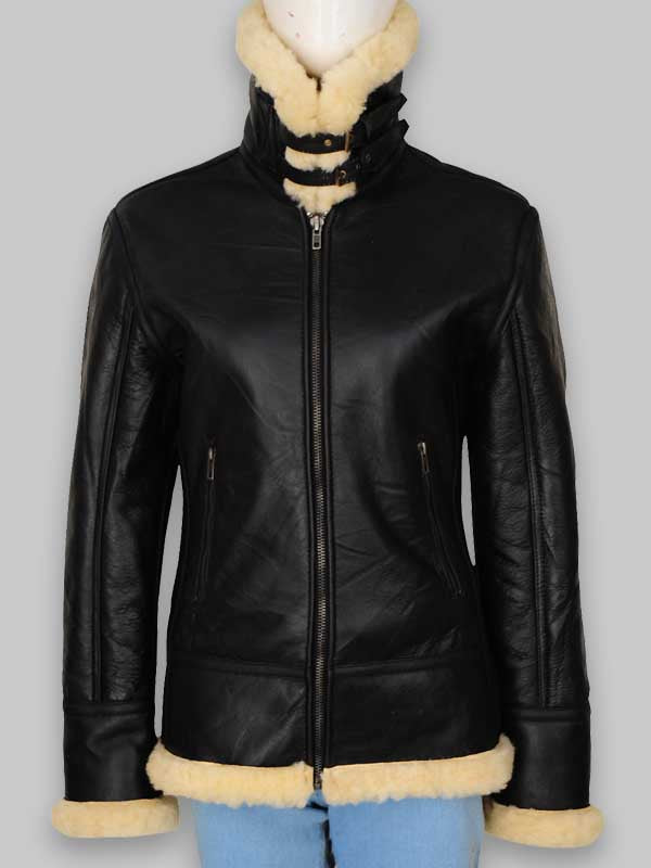 B3 Women's Fur Shearling Black Leather Jacket image 1