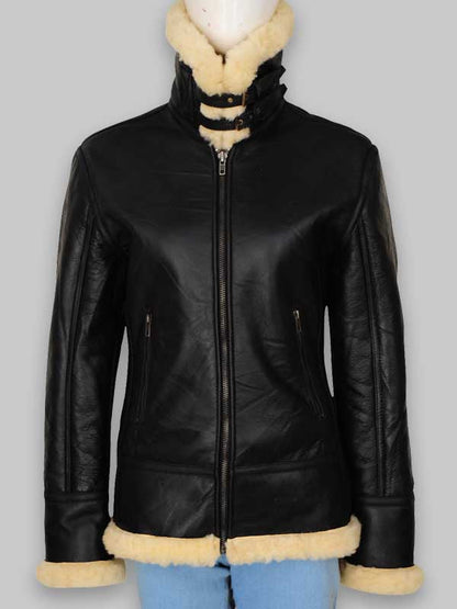 B3 Women's Fur Shearling Black Leather Jacket image 1