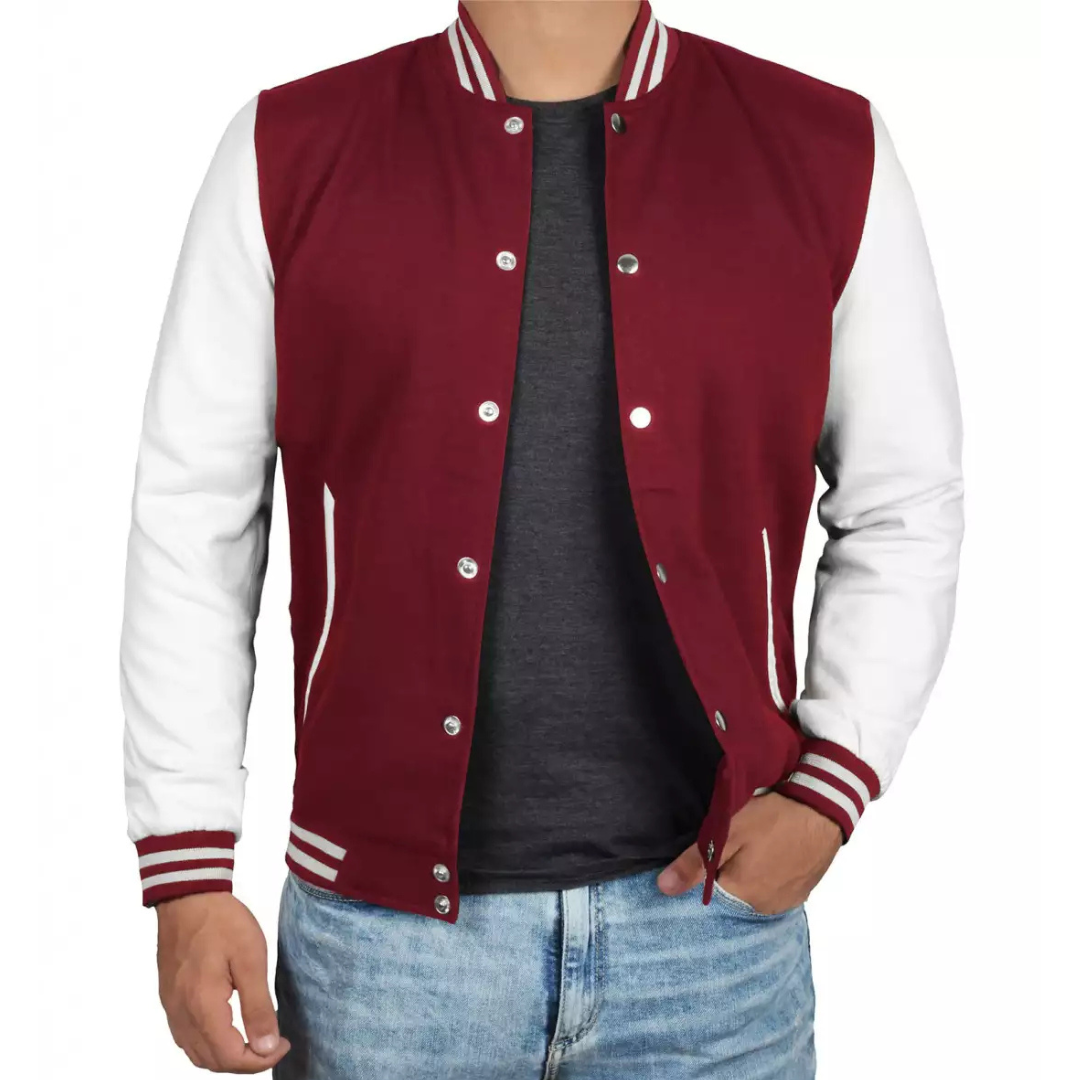 Men's Maroon White-Sleeved Varsity Jacket - Letterman Baseball Style image 1