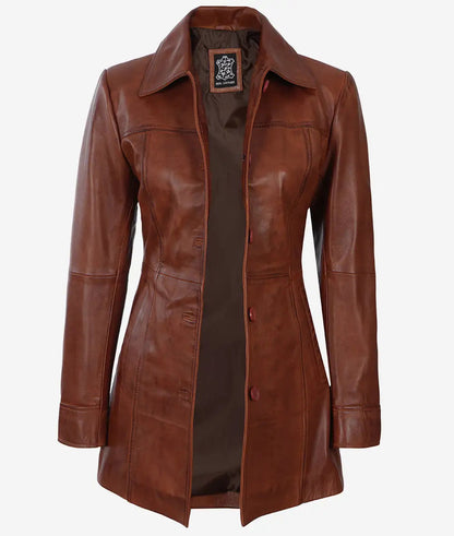 Women's Cognac Button Down 3/4 Length Leather Coat image 1