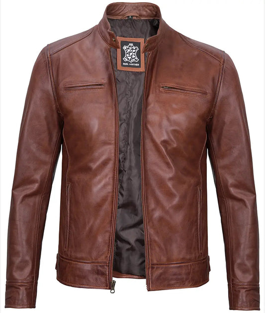 Men's Cognac Cafe Racer Leather Jacket image 0
