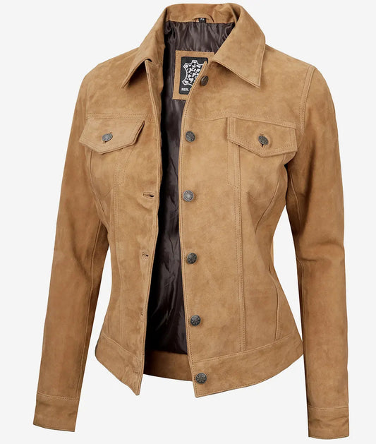 Women's Light Brown Suede Trucker Jacket image 0