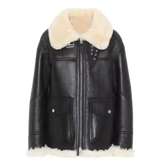 Women's Black Ivory Aviator Leather Jacket image 0