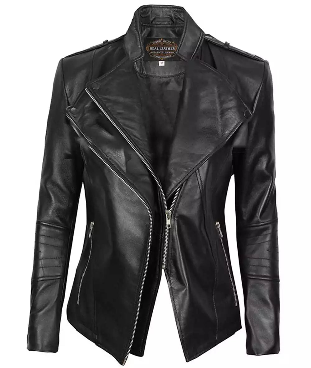 Women's Black Lambskin Leather Biker Jacket image 0