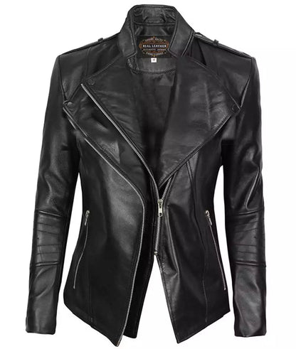 Women's Black Lambskin Leather Biker Jacket image 0