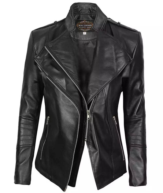Women's Black Lambskin Leather Biker Jacket image 0