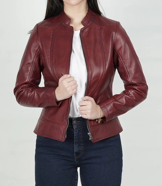Women's Maroon Slim Fit Leather Jacket image 0