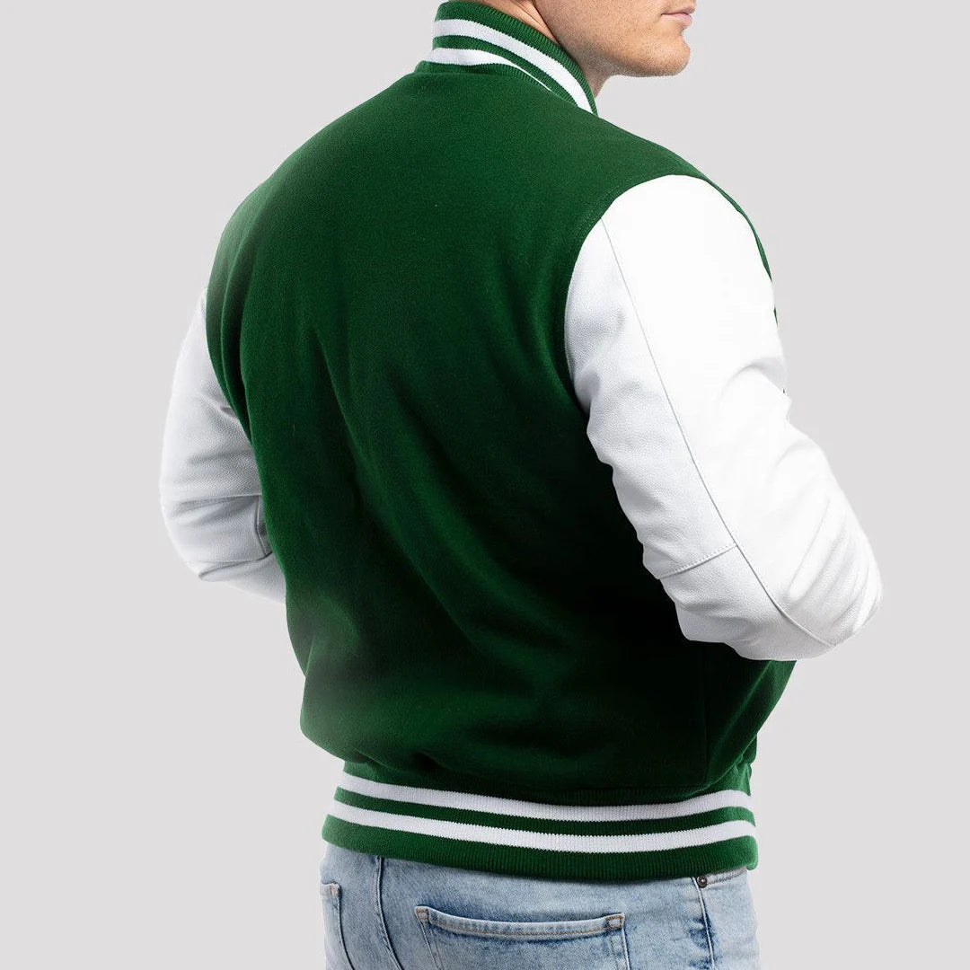 Kelly Green Wool Varsity Jacket with Bright White Leather Sleeves image 1