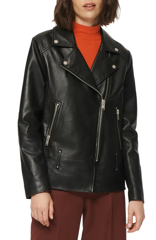 Womens Lapel Collar Leather Jacket In Black image 0