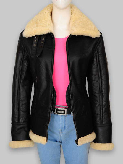 B3 Women's Fur Shearling Black Leather Jacket image 2