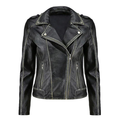 Women's Black Handwaxed Zip-Up Moto Leather Jacket image 0