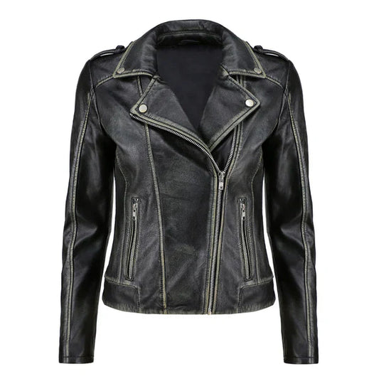 Women's Black Handwaxed Zip-Up Moto Leather Jacket image 0