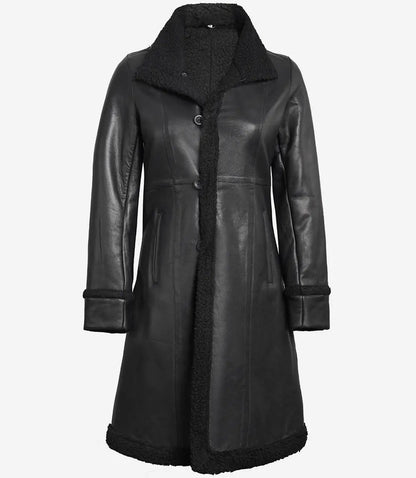 Women's Black Shearling Long Leather Coat image 0