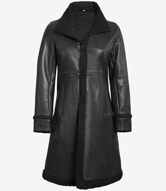 Women's Black Shearling Long Leather Coat image 0