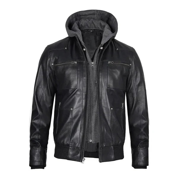 Men's Hoodie Grey Leather Jacket image 0