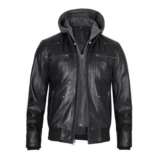 Men's Hoodie Grey Leather Jacket image 0