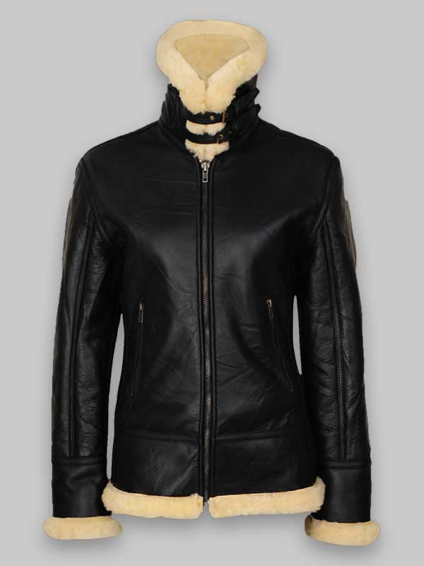 B3 Women's Fur Shearling Black Leather Jacket image 0