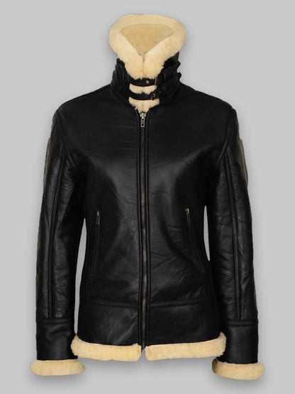 B3 Women's Fur Shearling Black Leather Jacket image 0