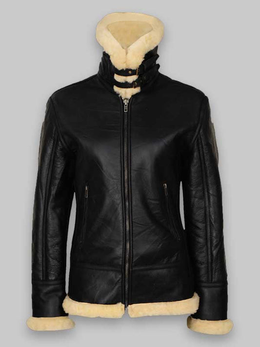 B3 Women's Fur Shearling Black Leather Jacket image 0