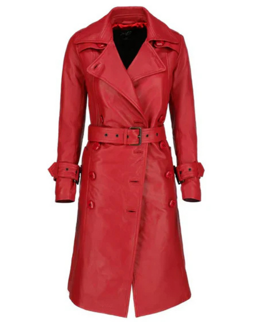 Women's Red Double-Breasted Leather Coat image 0